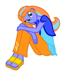 Size: 670x780 | Tagged: safe, artist:wavebreeze234, derpibooru import, oc, oc only, equestria girls, clothes, equestria girls-ified, pants, sandals, simple background, sitting, smiling, solo, transparent background