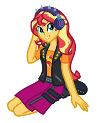 Size: 600x760 | Tagged: safe, artist:wavebreeze234, derpibooru import, sunset shimmer, equestria girls, boots, clothes, cutie mark, cutie mark on clothes, grin, headphones, kneeling, shoes, simple background, smiling, solo, transparent background