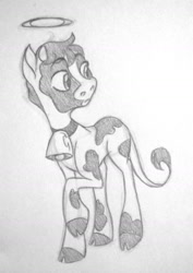 Size: 1155x1632 | Tagged: safe, artist:thepurpah, derpibooru import, oc, oc only, cow, cloven hooves, grayscale, halo, monochrome, smiling, traditional art