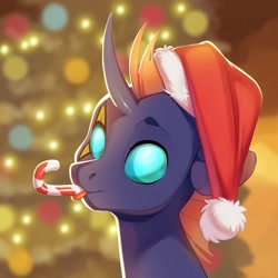 Size: 2000x2000 | Tagged: safe, artist:vistamage, derpibooru import, oc, oc only, oc:spectre phase, changeling, blue changeling, candy, candy cane, changeling oc, christmas, christmas changeling, food, hat, holiday, santa hat, solo