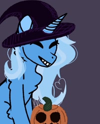 Size: 1649x2048 | Tagged: safe, artist:irldirkstrider, derpibooru import, trixie, pony, unicorn, chest fluff, grin, halloween, holiday, jack-o-lantern, nightmare night, pumpkin, smiling, solo