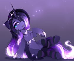 Size: 2432x2001 | Tagged: source needed, safe, artist:magnaluna, derpibooru import, princess luna, alicorn, pony, chest fluff, clothes, female, hair over one eye, kneesocks, leaning, looking at you, mare, simple background, sitting, socks, solo, striped socks