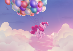 Size: 6092x4295 | Tagged: safe, artist:laymy, derpibooru import, pinkie pie, earth pony, pony, balloon, cloud, floating, sky, solo, then watch her balloons lift her up to the sky