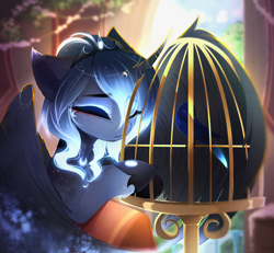 Size: 3716x3428 | Tagged: source needed, safe, artist:magnaluna, derpibooru import, princess luna, alicorn, bird, pony, cage, crown, curved horn, cute, ethereal mane, eyes closed, eyeshadow, female, glowing mane, gradient mane, hair over one eye, hoof shoes, horn, horn jewelry, jewelry, makeup, mare, regalia, solo, wings