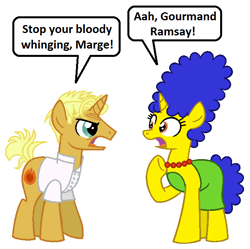 Size: 628x626 | Tagged: safe, artist:vgc2001, derpibooru import, gourmand ramsay, pony, unicorn, angry, comic, dream, female, fire, gordon ramsay, male, mare, marge simpson, ponified, reference, stallion, surprised, the simpsons
