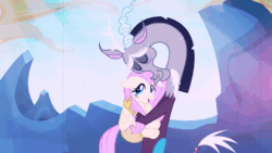 Size: 544x306 | Tagged: safe, derpibooru import, edit, edited screencap, screencap, discord, fluttershy, draconequus, pegasus, pony, season 6, to where and back again, ^^, animated, duo, eyes closed, female, gif, happy, hug, hugging a pony, male, mare, open mouth, open smile, shiny, smiling