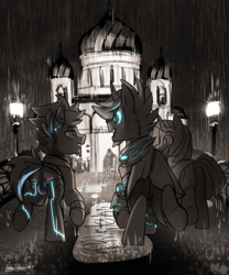 Size: 2500x3000 | Tagged: safe, artist:jedayskayvoker, derpibooru import, oc, oc:dry land, oc:glow speed, oc:vibrant star, alicorn, earth pony, unicorn, cape, clothes, hoodie, looking at each other, looking at someone, monochrome, neon, rain, sketch