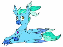 Size: 4360x3264 | Tagged: safe, artist:chub-wub, derpibooru import, oc, oc only, oc:diamond glitz, classical hippogriff, hippogriff, fanfic:set sail, crossed arms, female, folded wings, hippogriff oc, lying down, on side, ponytail, prone, simple background, smiling, solo, white background, wings
