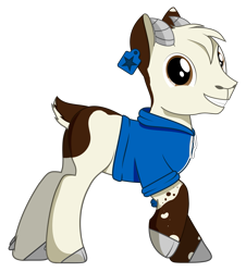 Size: 1881x2078 | Tagged: safe, artist:hazel bloons, derpibooru import, oc, oc only, oc:hazel bloons, goat, 2022 community collab, brown coat, clothes, cream coat, derpibooru community collaboration, ear tag, hoodie, hooves, horns, looking at you, male, simple background, smiling, solo, spots