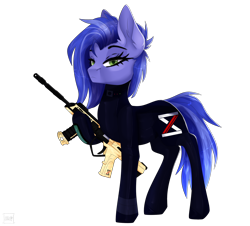 Size: 2280x2060 | Tagged: safe, alternate version, artist:elektra-gertly, derpibooru import, oc, oc only, oc:azure, earth pony, pony, 2022 community collab, ar15, armor, blue fur, blue mane, blue tail, bodysuit, clothes, commission, derpibooru community collaboration, female, futuristic, green eyes, gun, logo, mare, military, military uniform, raised hoof, raised leg, rifle, simple background, skintight, skintight clothes, spacesuit, standing, suit, tail, transparent background, uniform, weapon, worldbuilding, xenestra corporation