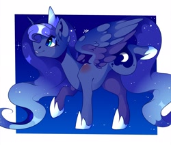 Size: 2048x1735 | Tagged: safe, artist:tessa_key_, derpibooru import, princess luna, alicorn, pony, cute, ear fluff, ears, ethereal mane, female, hoof shoes, horn, jewelry, lunabetes, mare, raised hoof, raised leg, smiling, solo, spread wings, starry mane, tiara, wings