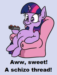 Size: 600x784 | Tagged: safe, artist:jargon scott, derpibooru import, edit, twilight sparkle, unicorn twilight, pony, unicorn, 4chan, belly, belly button, caption, chair, chubby, female, hoof hold, mare, remote, simple background, sitting, smiling, solo, still frame, text, white background