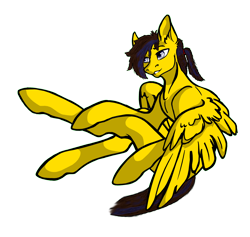 Size: 2692x2551 | Tagged: safe, artist:embro, artist:olkategrin, derpibooru import, oc, oc only, oc:lemon box, pegasus, pony, ponybooru collab 2022, 2022 community collab, blue eyes, blue hair, brown hair, colored, derpibooru community collaboration, digital art, ear fluff, ears, eyebrows, high res, looking away, male, ponytail, simple background, sitting, solo, spread wings, stallion, transparent background, wings