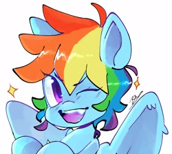 Size: 2048x1834 | Tagged: safe, artist:haichiroo, derpibooru import, rainbow dash, pegasus, pony, bust, one eye closed, open mouth, portrait, simple background, solo, white background, wink