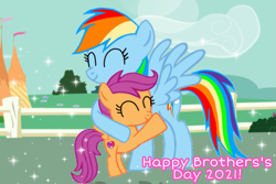 Size: 1075x720 | Tagged: safe, artist:mlplary6, derpibooru import, rainbow dash, scootaloo, pegasus, pony, brothersday, eyes closed, female, filly, foal, hug, siblings, sisters