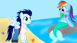 Size: 1280x720 | Tagged: safe, artist:mlplary6, derpibooru import, rainbow dash, soarin', mermaid, pegasus, pony, clothes, cosplay, costume, disney, female, male, shipping, soarindash, straight, thelittlemermaid