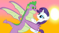 Size: 1280x720 | Tagged: safe, artist:mlplary6, derpibooru import, rarity, spike, dragon, pony, unicorn, female, male, older, older spike, shipping, sparity, straight, winged spike, wings
