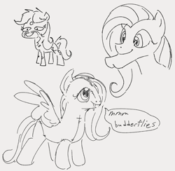 Size: 776x756 | Tagged: safe, artist:dotkwa, derpibooru import, fluttershy, oc, oc:deary dots, earth pony, pegasus, pony, chin, cleft chin, female, grayscale, mare, monochrome, plushie, sketch, smiling