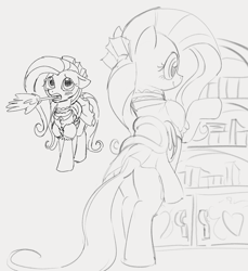 Size: 1118x1222 | Tagged: safe, artist:dotkwa, derpibooru import, fluttershy, pegasus, pony, bipedal, bipedal leaning, blushing, butt, clothes, duster, ears, floppy ears, flutterbutt, fluttermaid, grayscale, leaning, maid, monochrome, mouth hold, plot, saddle, sketch, smiling, solo, tack