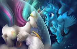 Size: 4038x2600 | Tagged: safe, artist:auroriia, derpibooru import, nightmare moon, princess celestia, princess luna, alicorn, pony, crown, duo, female, flying, force field, high res, horn, horns are touching, jewelry, mare, open mouth, regalia, royal sisters, siblings, sisters, spread wings, windswept mane, wings