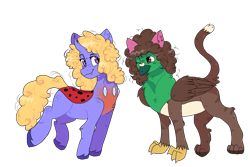 Size: 1200x800 | Tagged: safe, artist:valkiria, derpibooru import, oc, oc only, oc:bitzy berry, oc:frizz, changedling, changeling, changepony, griffon, hybrid, 2022 community collab, cat ears, changedling oc, changeling oc, chest fluff, derpibooru community collaboration, duo, female, griffon oc, looking at each other, looking at someone, male, one eye closed, raised leg, simple background, trans male, transgender, transparent background, wink