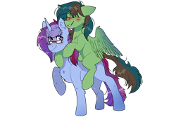 Size: 1200x800 | Tagged: safe, artist:valkiria, derpibooru import, oc, oc only, oc:gusty longbow evergreen, oc:marquis majordome, oc:marquise soubrette, oc:windy barebow evergreen, pegasus, pony, unicorn, 2022 community collab, blushing, chest fluff, derpibooru community collaboration, duo, eyes closed, female, glasses, grin, male, mare, multicolored hair, ponies riding ponies, raised hoof, raised leg, riding, rule 63, simple background, smiling, stallion, transparent background