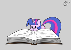 Size: 1280x896 | Tagged: safe, artist:genericmlp, derpibooru import, twilight sparkle, pony, book, female, gray background, mare, micro, simple background, solo