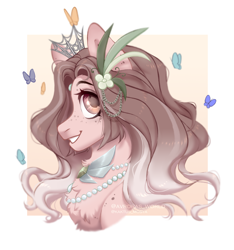 Size: 3000x3200 | Tagged: safe, artist:avroras_world, derpibooru import, oc, oc only, butterfly, earth pony, pony, commission, crown, earth pony oc, female, flower, flower in hair, head, high res, jewelry, looking away, mare, regalia, simple background, smiling, solo, white background