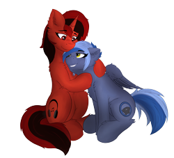 Size: 5195x4718 | Tagged: safe, artist:flapstune, derpibooru import, oc, oc only, oc:flaps tune, oc:pixi feather, 2022 community collab, cutie mark, derpibooru community collaboration, hug, looking at each other, looking at someone, simple background, sitting, smiling, transparent background, wings