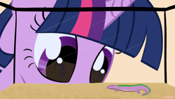 Size: 3840x2160 | Tagged: safe, artist:purblehoers, derpibooru import, spike, twilight sparkle, lizard, pony, unicorn, close-up, eye reflection, reflection, size difference, smol, staring contest, staring ponies, terrarium