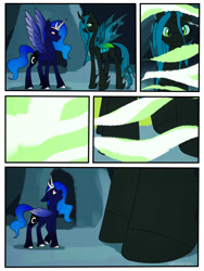 Size: 3000x4000 | Tagged: safe, artist:smallhorses, derpibooru import, princess luna, queen chrysalis, alicorn, changeling, comic, female, g/t, giantess, giantess growth, growth, gt, macro, redesign, size difference, tiny