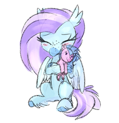 Size: 1078x1113 | Tagged: safe, artist:littleblackraencloud, derpibooru import, silverstream, oc, oc:ocean breeze, hippogriff, blushing, eyes closed, freckles, hug, plushie, simple background, sitting, sketch, smiling, white background