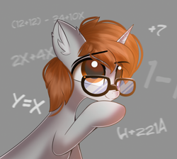 Size: 1952x1748 | Tagged: source needed, safe, artist:janelearts, derpibooru import, oc, oc only, oc:darkmind, pony, unicorn, blind, glasses, horn, male, math, simple background, solo, stallion, thinking