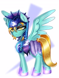 Size: 3144x4096 | Tagged: safe, artist:opal_radiance, derpibooru import, lightning dust, pegasus, pony, armor, commission, female, high res, mare, night guard, night guard armor, simple background, smiling, smirk, solo, spread wings, white background, wings