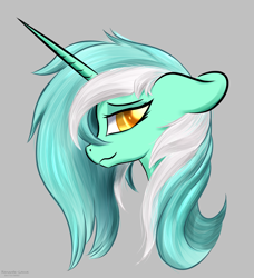 Size: 1786x1959 | Tagged: safe, artist:renarde-louve, derpibooru import, lyra heartstrings, pony, unicorn, bust, ears, female, floppy ears, mare, portrait, profile, signature, simple background, smiling, solo