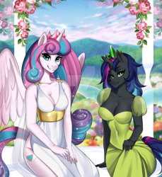 Size: 1280x1400 | Tagged: safe, artist:zhadart, derpibooru import, princess flurry heart, oc, alicorn, anthro, changeling, changeling queen, breasts, busty oc, busty princess flurry heart, changeling queen oc, cleavage, clothes, commission, crown, deviantart watermark, dress, duo, female, jewelry, looking at you, mare, obtrusive watermark, older, older flurry heart, regalia, side slit, sitting, smiling, smiling at you, total sideslit, watermark