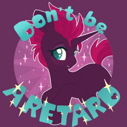 Size: 1200x1200 | Tagged: safe, artist:pxper_wing, edit, editor:edits of hate, editor:unofficial edits thread, tempest shadow, pony, unicorn, cute, female, fixed horn, pink mane, pink tail, purple coat, simple background, sparkles, teal eyes, tempestbetes, vulgar