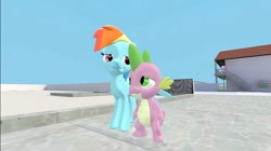 Size: 1024x575 | Tagged: safe, artist:undeadponysoldier, rainbow dash, spike, dragon, pony, 3d, best friends, best friends until the end of time, building, cute, daaaaaaaaaaaw, female, gmod, hug, looking at each other, male, mare, smiling, spikabetes, spikelove, winghug