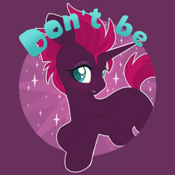 Size: 1200x1200 | Tagged: safe, alternate version, artist:pxper_wing, edit, editor:edits of hate, editor:unofficial edits thread, tempest shadow, pony, unicorn, cute, female, fixed horn, horn, mouthpiece, pink mane, pink tail, purple coat, simple background, sparkles, teal eyes, tempestbetes