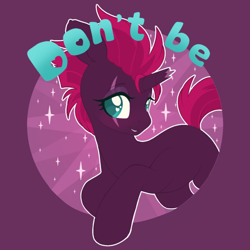 Size: 1200x1200 | Tagged: safe, alternate version, artist:pxper_wing, edit, editor:edits of hate, editor:unofficial edits thread, tempest shadow, pony, unicorn, broken horn, cute, eye scar, female, horn, mouthpiece, pink mane, pink tail, purple coat, scar, simple background, sparkles, teal eyes, tempestbetes