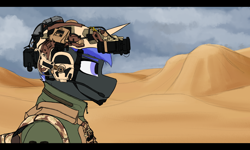 Size: 2660x1592 | Tagged: safe, artist:syntiset, oc, oc only, oc:pixel shield, anthro, unicorn, anthro oc, armor, backpack, bags, camouflage, clothes, colored sketch, commission, desert, headphones, helmet, horn, jacket, looking at something, microphone, military, military uniform, multicolored hair, multicolored mane, night vision goggles, plate carrier, sketch, solo, tactical, unicorn oc, uniform
