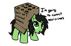 Size: 675x436 | Tagged: safe, artist:neuro, derpibooru import, oc, oc only, oc:anon filly, earth pony, pony, box, cardboard box, dialogue, female, filly, foal, missile, open mouth, simple background, smiling, solo, transparent background, war crime