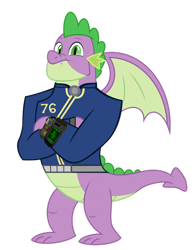 Size: 1280x1653 | Tagged: safe, artist:ponygamer2020, derpibooru import, spike, dragon, fallout equestria, the last problem, absurd resolution, clothes, fallout, fallout 76, gigachad spike, jumpsuit, looking at you, male, older, older spike, pip-boy 2000 mark vi, pipboy, pipbuck, simple background, smiling, smiling at you, solo, transparent background, vault suit, vector, winged spike, wings