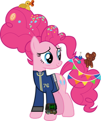Size: 1280x1528 | Tagged: safe, artist:ponygamer2020, derpibooru import, pinkie pie, earth pony, pony, fallout equestria, the last problem, absurd resolution, candy, clothes, fallout, fallout 76, female, food, jumpsuit, lollipop, mare, older, older pinkie pie, pip-boy 2000 mark vi, pipboy, plushie, rubber duck, simple background, smiling, solo, teddy bear, transparent background, vault suit, vector