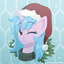 Size: 2000x2000 | Tagged: safe, artist:willoillo, derpibooru import, oc, oc:sapphire, pony, unicorn, christmas, commission, hat, holiday, santa hat, winter