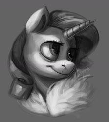 Size: 1280x1437 | Tagged: safe, artist:crees-a, derpibooru import, rarity, pony, unicorn, bust, female, fur, gray background, grayscale, mare, monochrome, simple background, solo