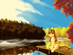 Size: 1600x1200 | Tagged: safe, artist:escdev, derpibooru import, apple bloom, pony, autumn, cloud, forest, lake, leaves, mist, pier, reflection, scenery, solo, tree, water