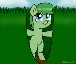 Size: 1166x988 | Tagged: safe, artist:heretichesh, derpibooru import, oc, oc only, earth pony, pony, bipedal, female, filly, foal, grass, smiling, solo