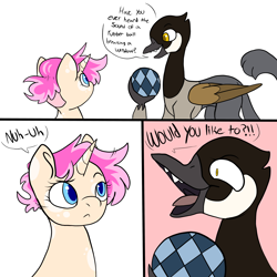 Size: 3500x3500 | Tagged: safe, artist:katyusha, derpibooru import, oc, oc:busker, oc:katsu pone, bird, goose, griffon, hybrid, unicorn, chaos, comic, commission example, female, lazytown, male, pink hair, short hair