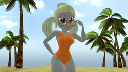 Size: 1920x1080 | Tagged: safe, artist:mr.uberrebu25, derpibooru import, sugarcoat, equestria girls, 3d, beach, beach babe, breasts, clothes, hand on hip, leotard, one-piece swimsuit, orange swimsuit, palm tree, solo, sugarcones, swimsuit, tree